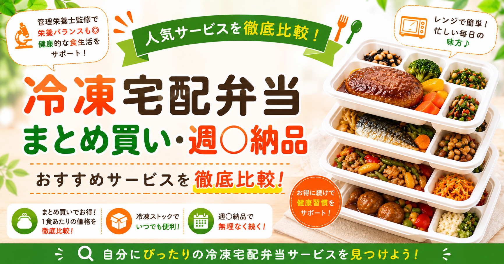 冷凍宅配弁当のまとめ買いと購入先の比較を案内するアイキャッチ